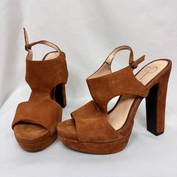 Jessica Simpson Shoes - Jessica Simpson Cognac Suede Platform Slingback Heels Size 8